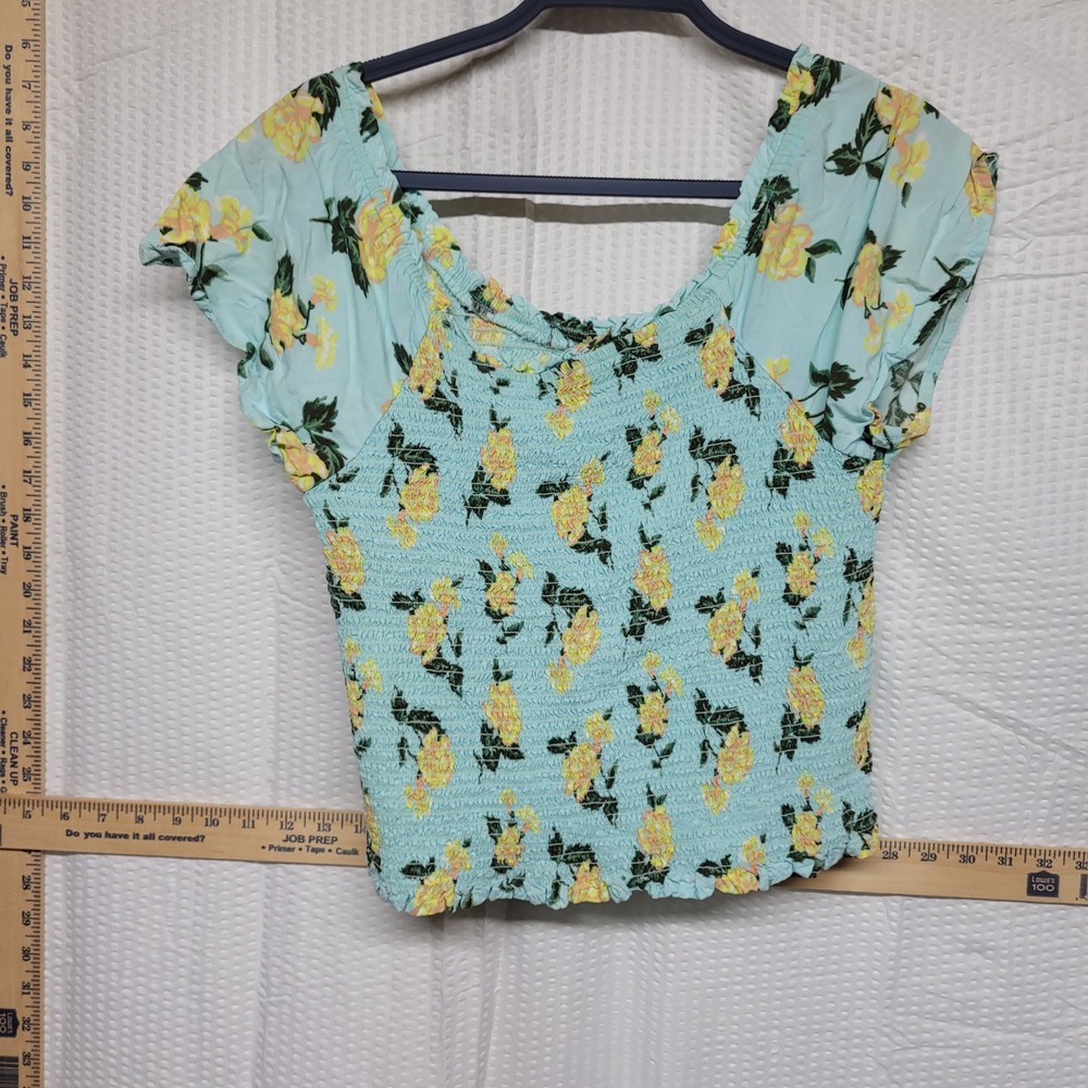 Justice Girls Blue Floral Smocked‎ Bodice Top Yellow Rose Flutter Sleeve 18/20